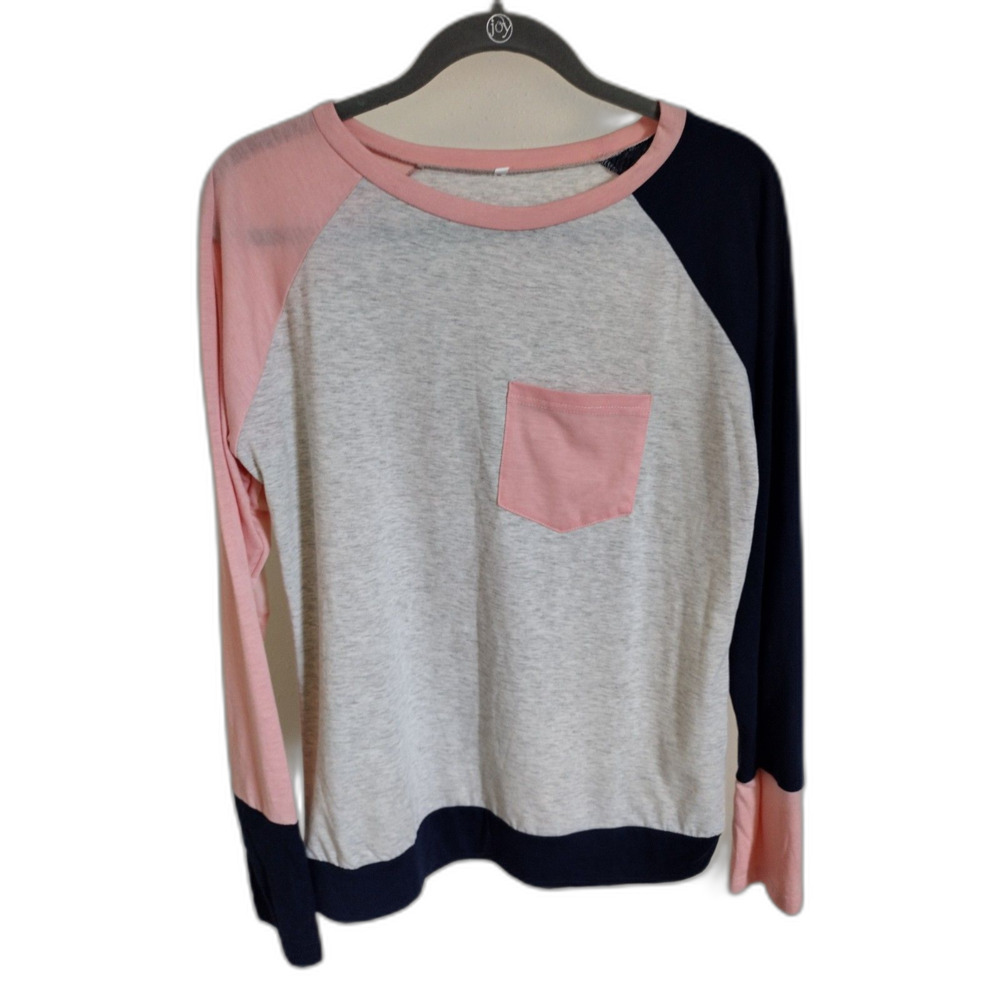 Pink Black Gray Color Block Long Sleeve Crewneck T-Shirt Sz XL